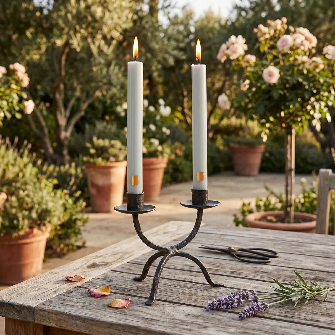 Trudon Stabkerze MADELEINE grau auf Gartentisch