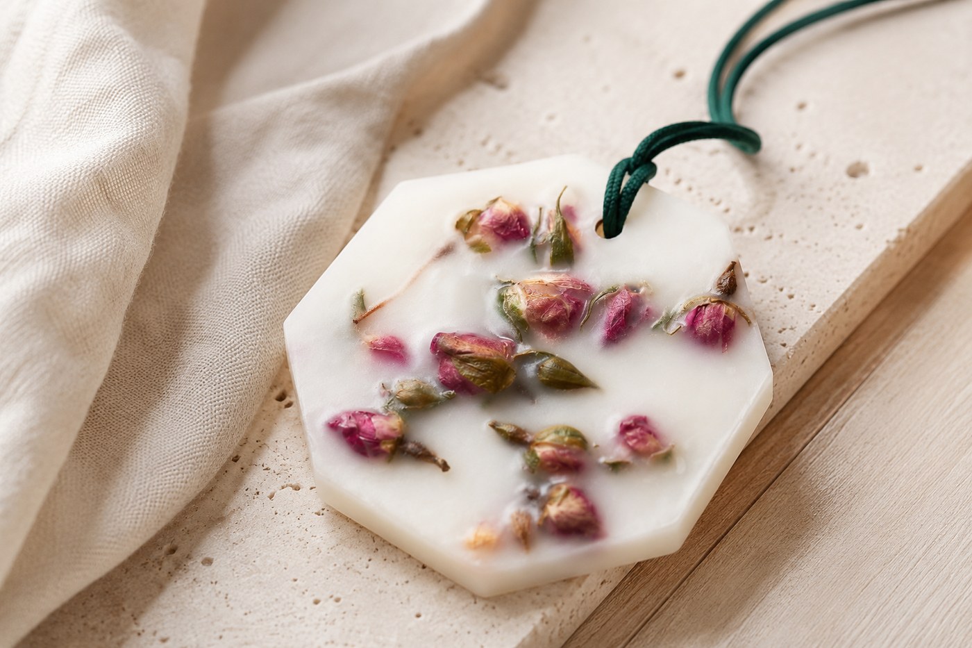Einzelnes oktogonales Damask-Rose-Wachsplättchen von Carrière Frères mit eingearbeiteten Rosenknospen und grünem Baumwollband auf Travertinstein