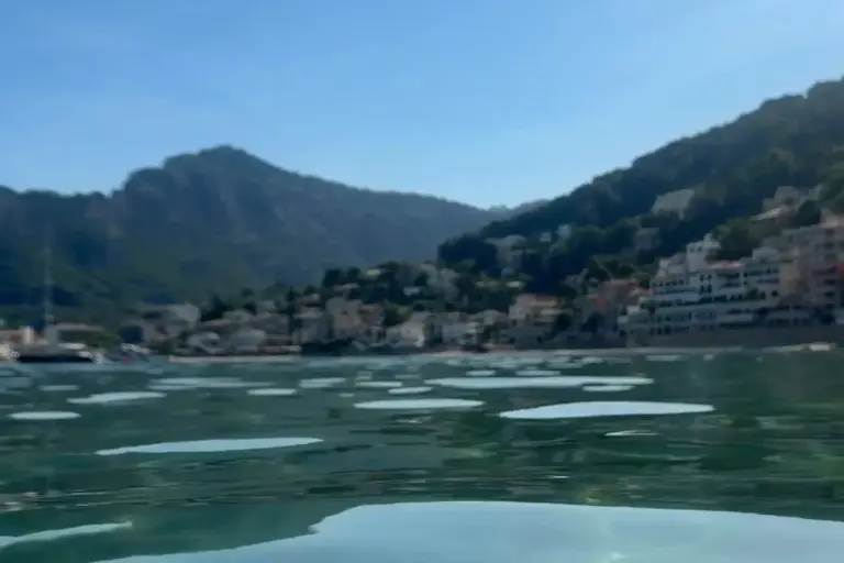 Blick vom Wasser aus auf die Bucht von Port de Sóller mit den Häusern am Hang und den Bergen der Tramuntana.
