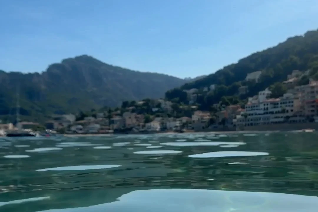 Blick vom Wasser aus auf die Bucht von Port de Sóller mit den Häusern am Hang und den Bergen der Tramuntana.