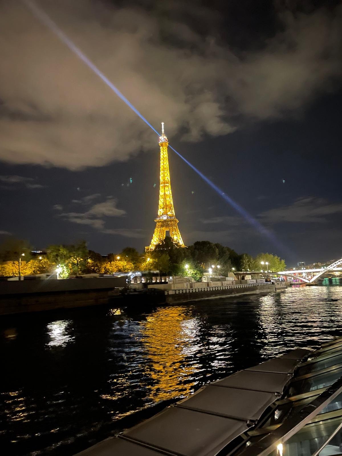 The illuminated Eiffel Tower at night above the Seine