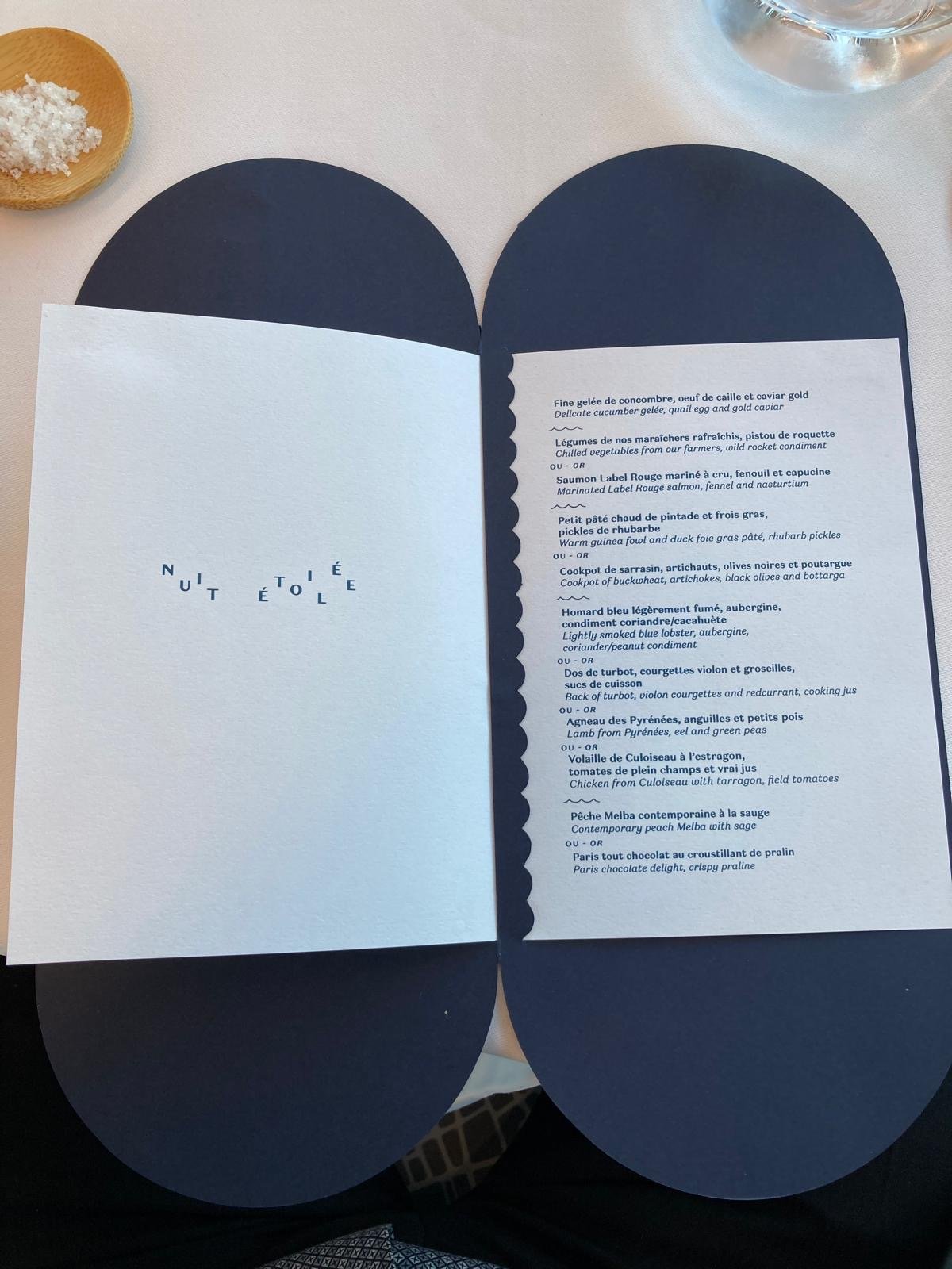 Nuit étoilée menu card of Ducasse sur Seine