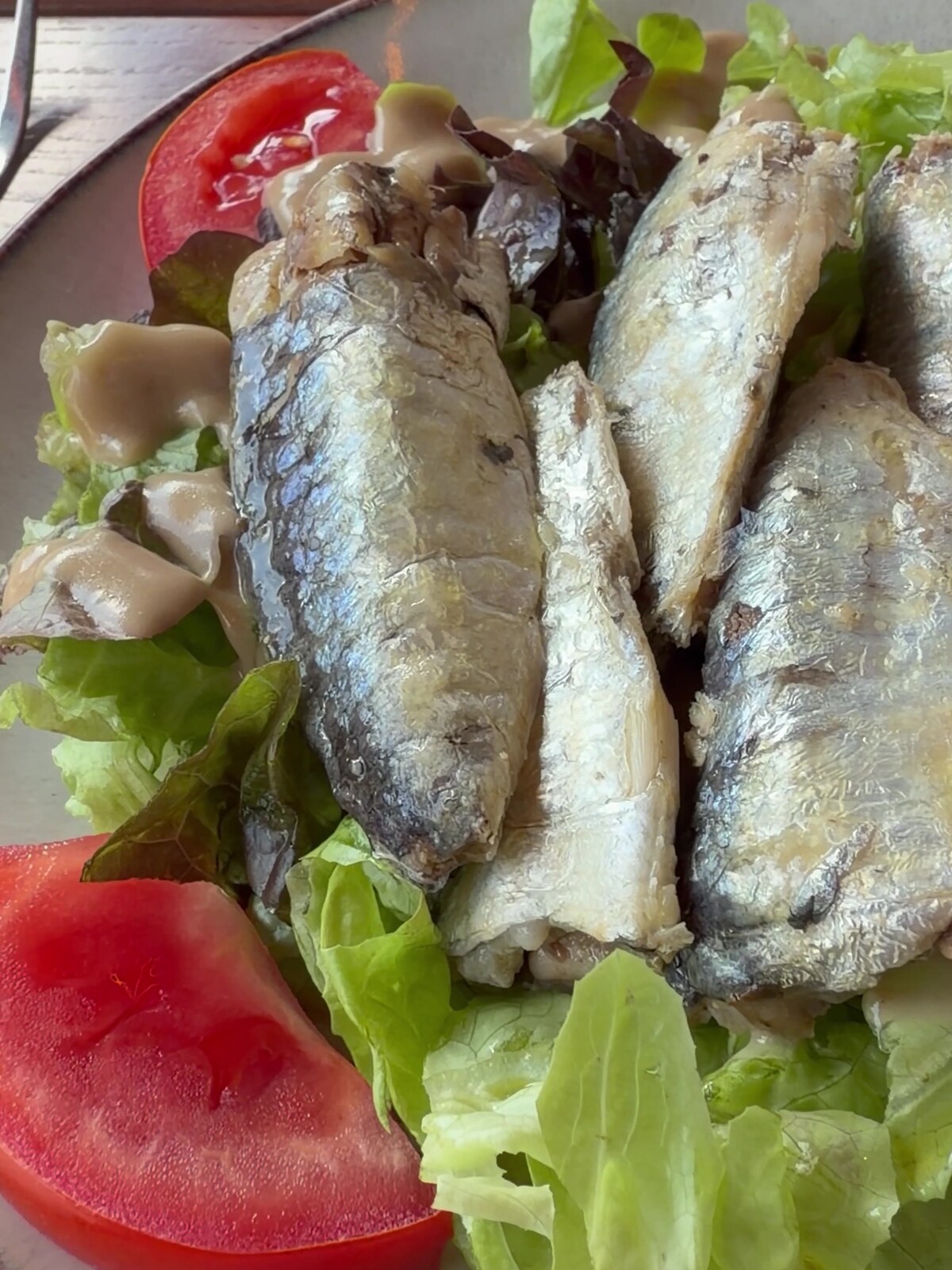Filet de sardines auf Salat mit Tomaten als Vorspeise im Ti Breizh Hamburg