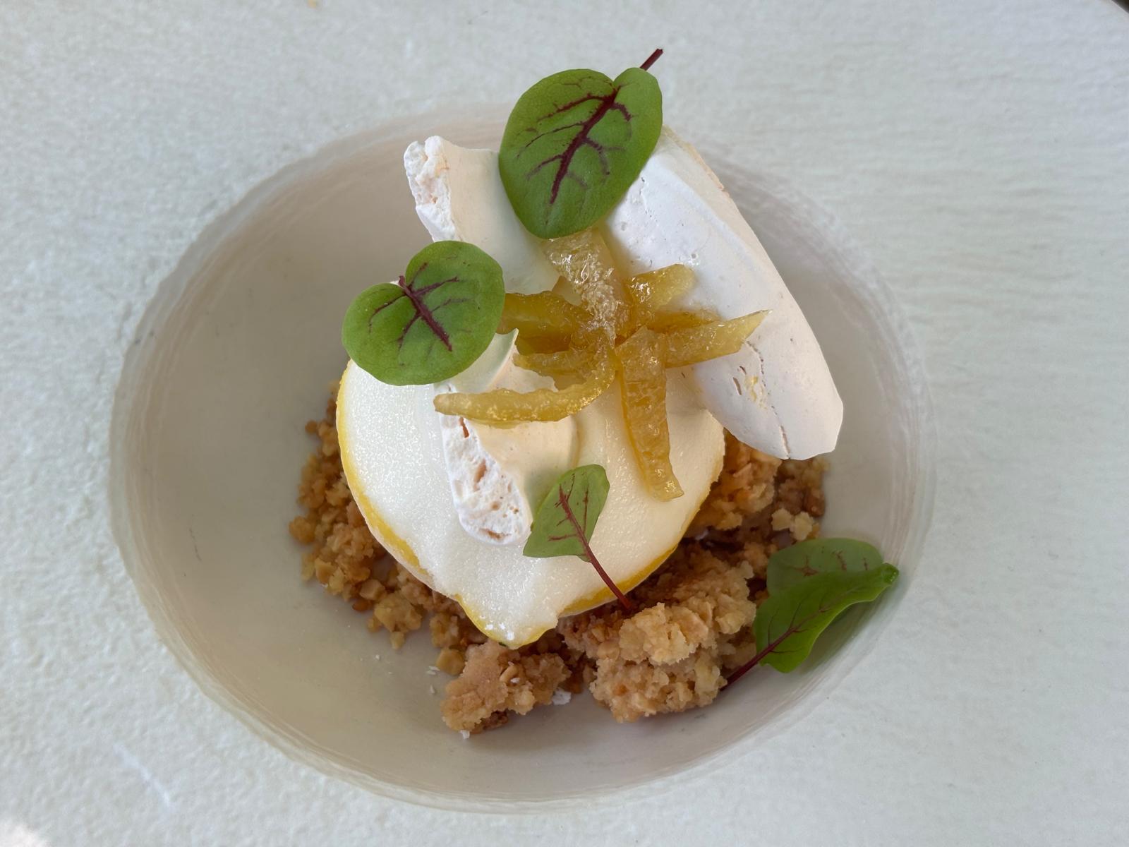 Zitronensorbet mit Baiser kandierter Zitrone und Mandelgebaeck