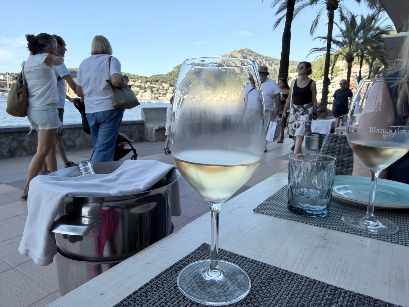 Glass of Can Axartell on the table at Es Passeig with a view of the harbour of Port de Sóller.