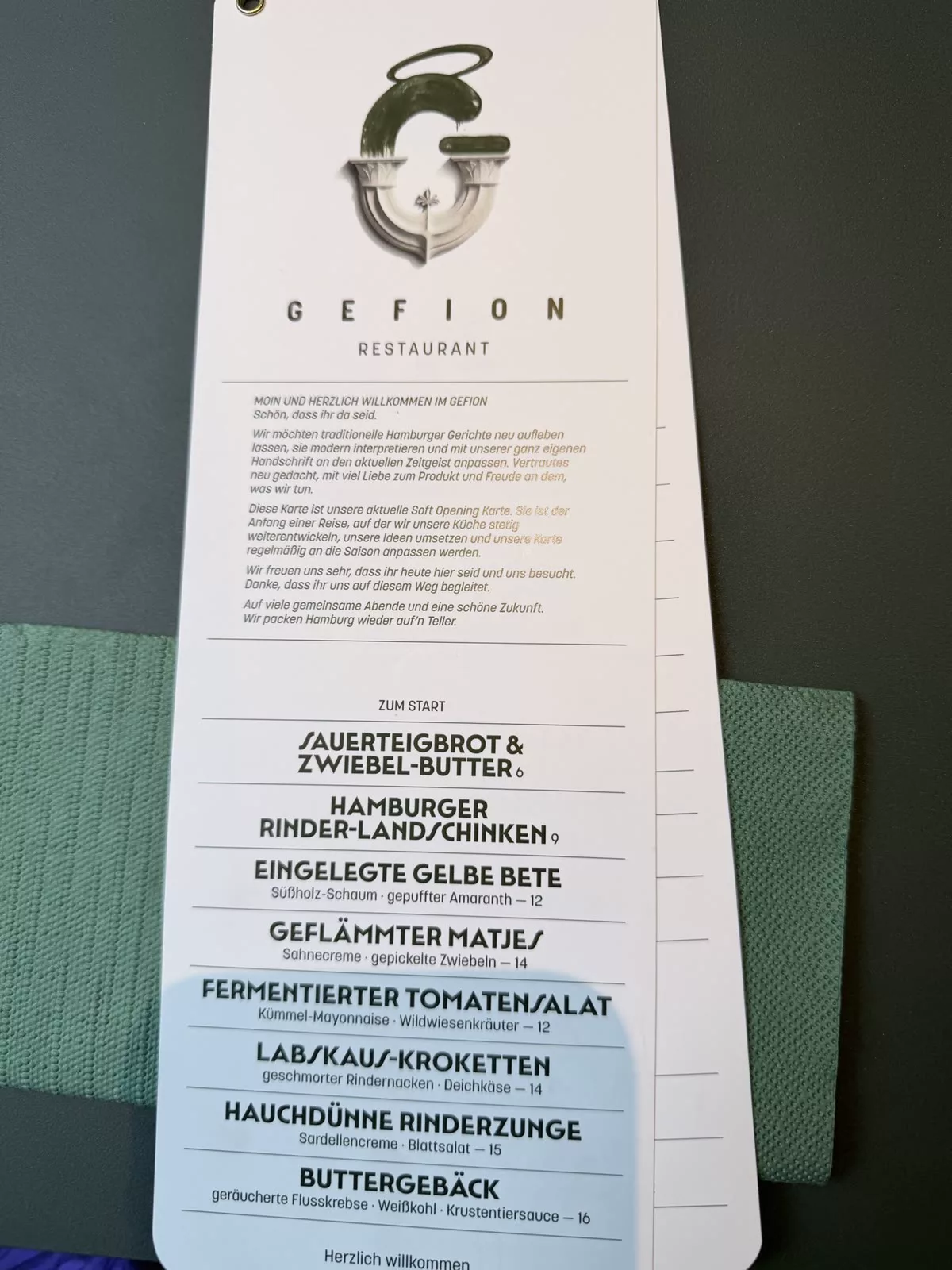Speisekarte des Restaurants Gefion Hamburg mit dem Vorwort und den Vorspeisen