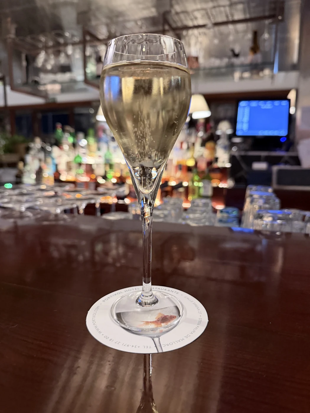 Glass of cava at the bar of Hotel Portixol in Palma de Mallorca.