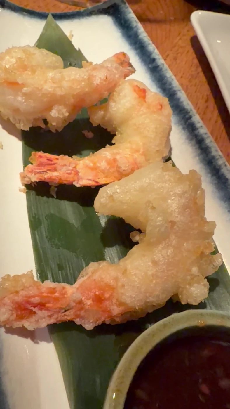 Tempura prawns on a banana leaf at the Portixol restaurant in Palma.