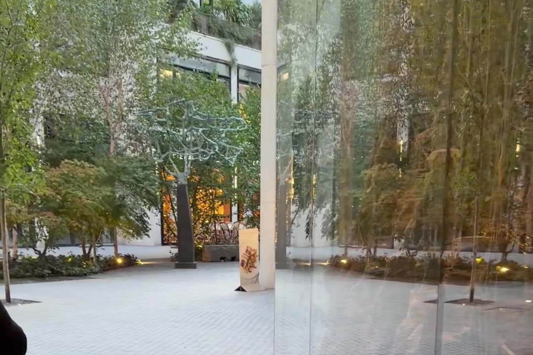 Blick durch eine Glasscheibe in den Innenhof des Beaupassage mit Bäumen und beleuchteten Hauswänden am Abend