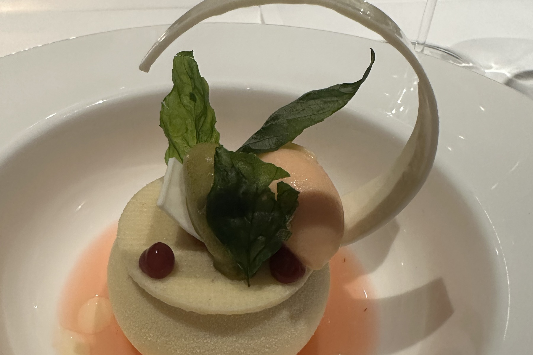 A pale dessert on a pink sauce with fresh mint and a fine curved sugar decoration.