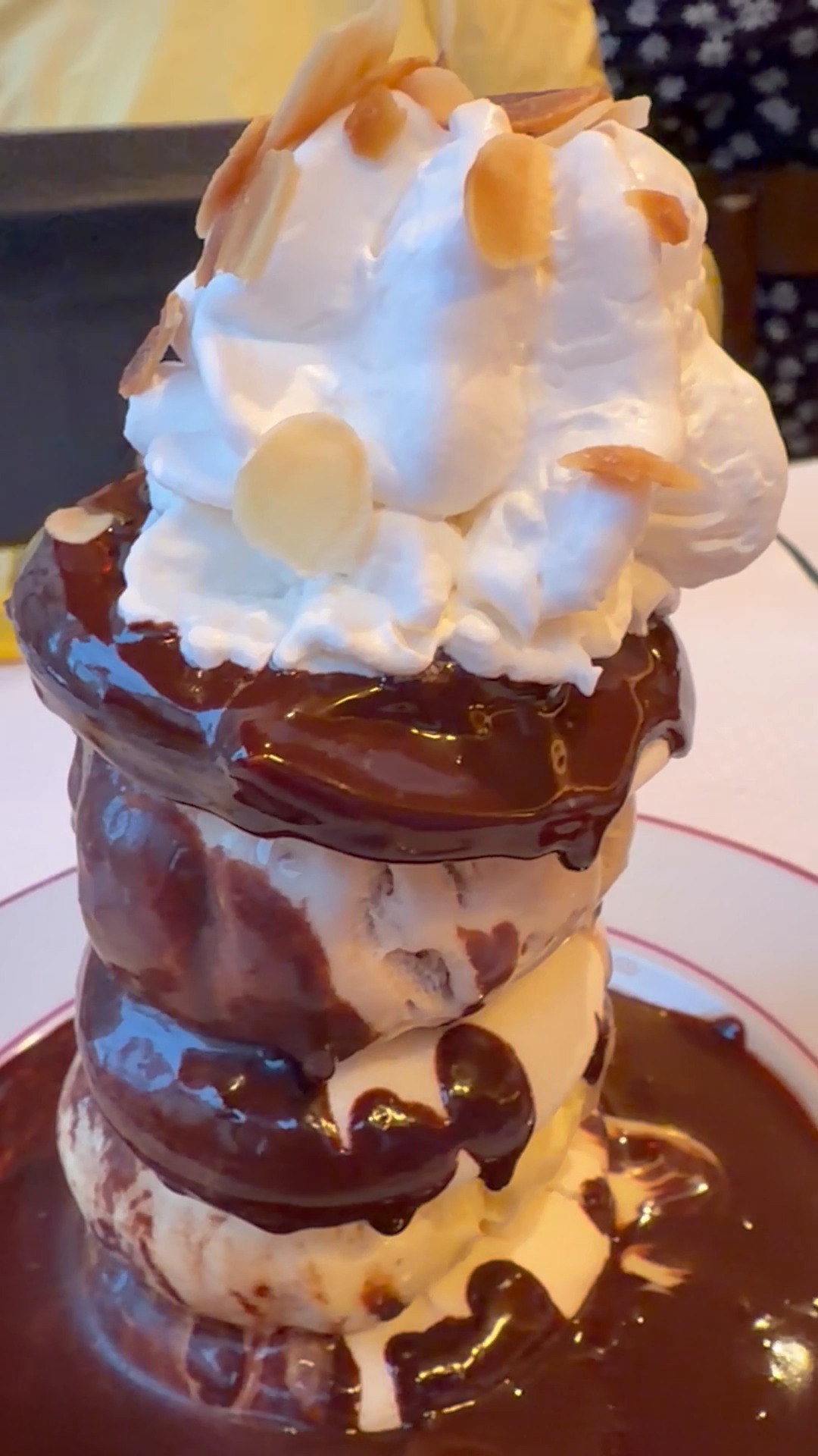 Vacherin Chocolat aus Eis, Meringue und Sahne mit Mandelblättchen und dunkler Schokoladensauce auf einem Teller mit rotem Rand